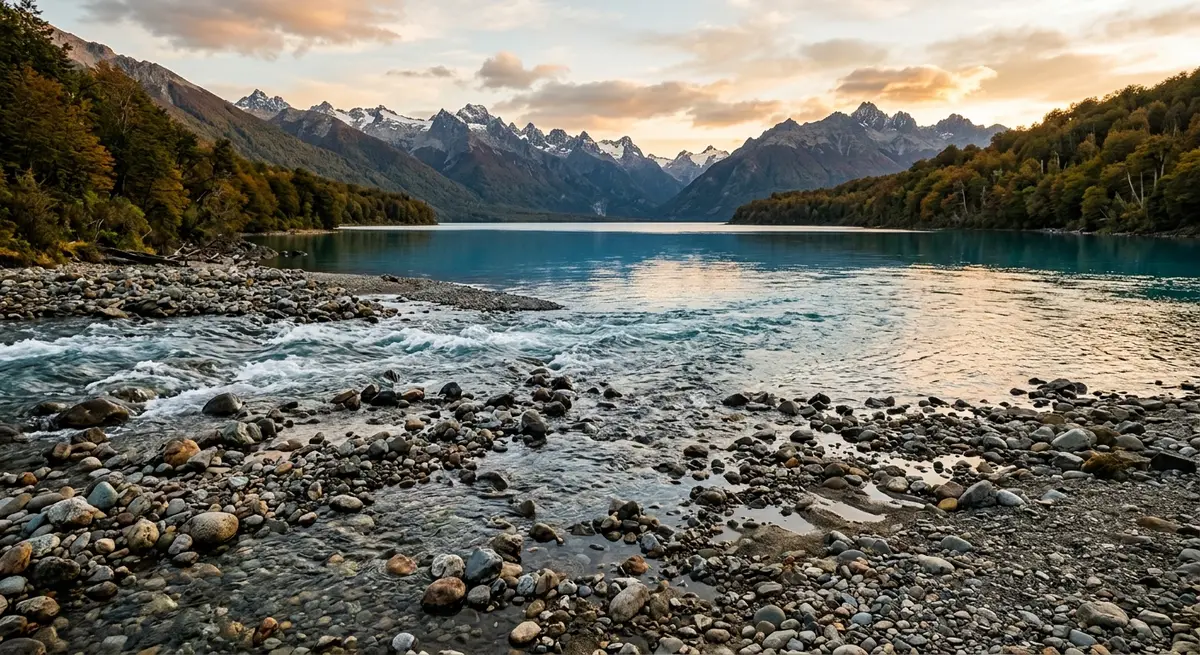 Pesca deportiva — Villa Traful, Neuquén Ilustración de una boca de río de montaña a primera hora, el tipo de escenario del que hablamos acá. No es una foto del Traful.