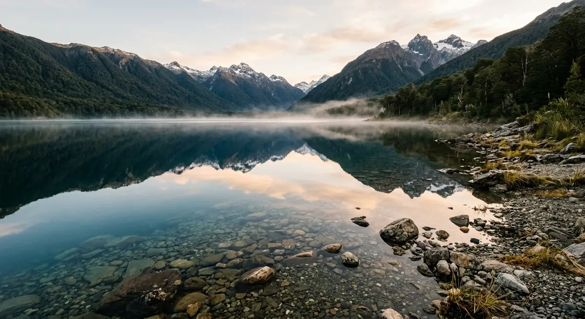 Lago Traful — Villa Traful, Neuquén Ilustración de la superficie espejada de la primera hora, antes de que entre el viento. No es una foto del lago Traful.