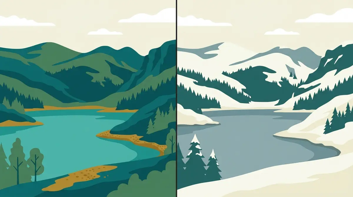 Cascadas Coa Có y Blanco — Villa Traful, Neuquén Ilustración propia del mismo paisaje de lago y montaña en verano y en invierno. No es una foto del sendero a las cascadas.