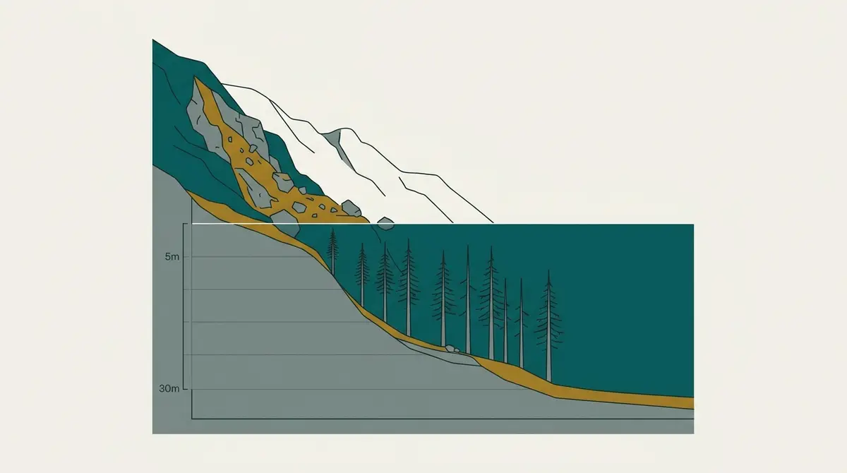Ilustración: corte transversal del lago Traful que muestra los cipreses secos parados bajo el agua