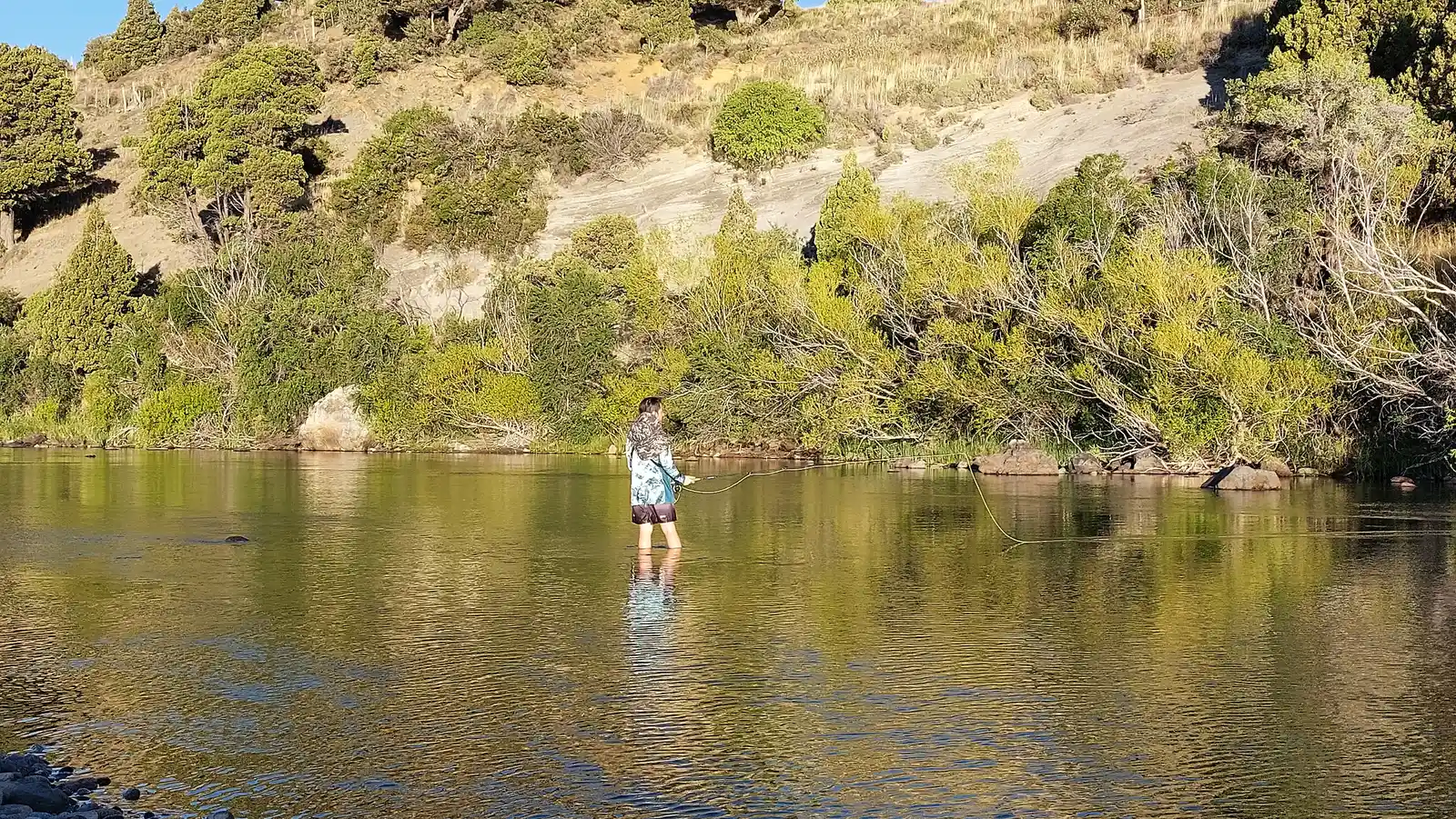 Lago Traful — Villa Traful, Neuquén Pesca con mosca en la boca del río Chimehuín, en Junín de los Andes. No es el Traful, pero es la misma técnica y el mismo tipo de escenario.